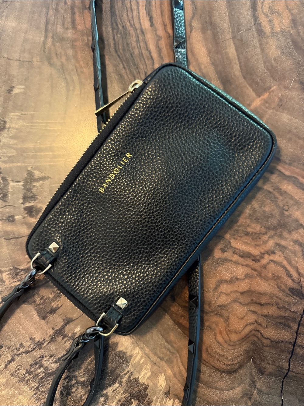 BANDOLIER Expanded Zip pouch Crossbody with pyramid studded strap